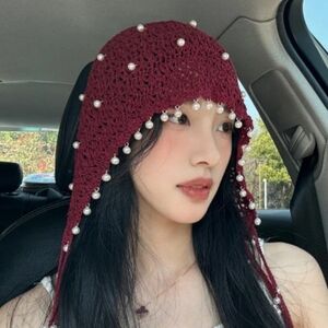 Elegant Burgundy Pearl-Embellished Crochet Hat